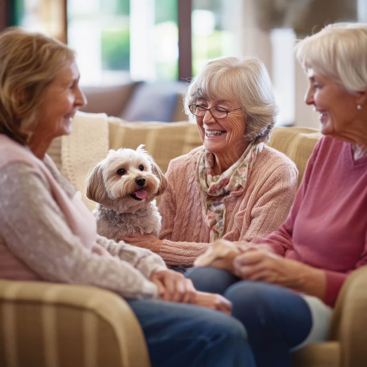 group of senior women socializing with a dog in a womans lap at a senior living community