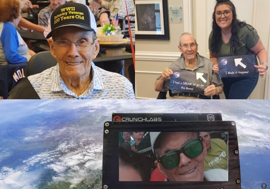 A collage of three images featuring Sid Trexler, a resident of Cedahurst Senior Living. In the first, Sid is celebrating his 100th birthday and wear a hat that says 'WWII Infantry.' In the second, a photo of Sid is displayed on the screen of a satellite orbiting Earth. In the third, Sid poses with his community's director after experiencing his VR moonwalk. 