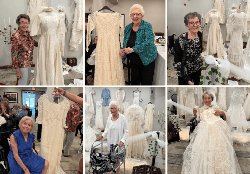 A collage of six older women standing with the wedding gowns they wore in their youth.