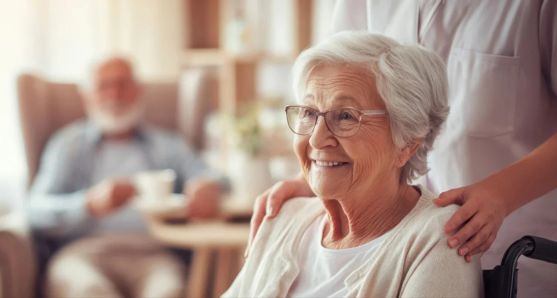 senior woman enjoying companionship and care in warm home environment