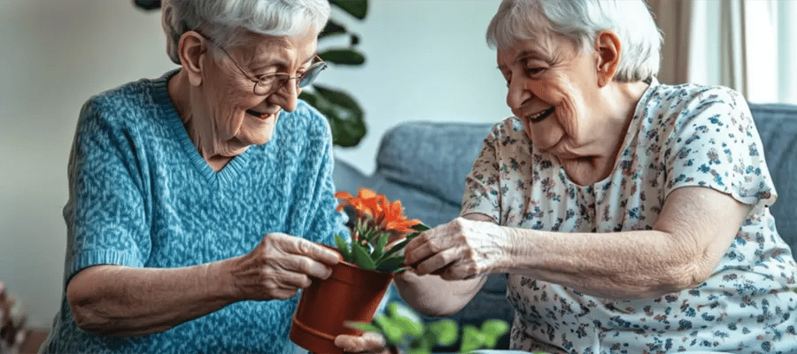 Seniors in a senior living community making a plant arrangement