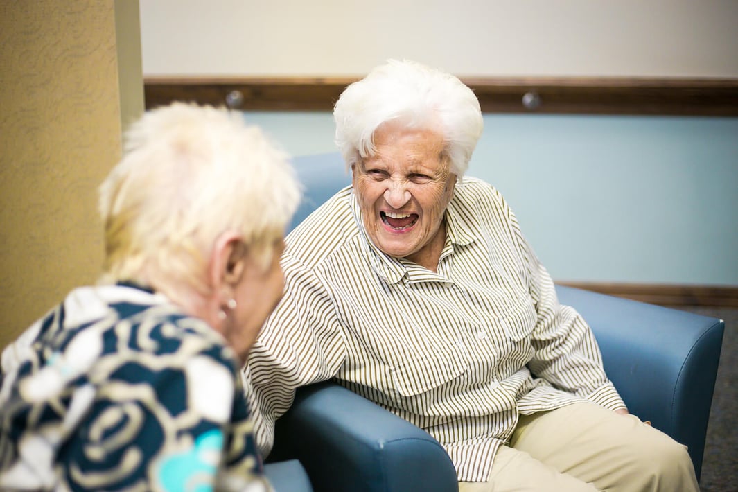 Two friends seated in armchairs, laughing together