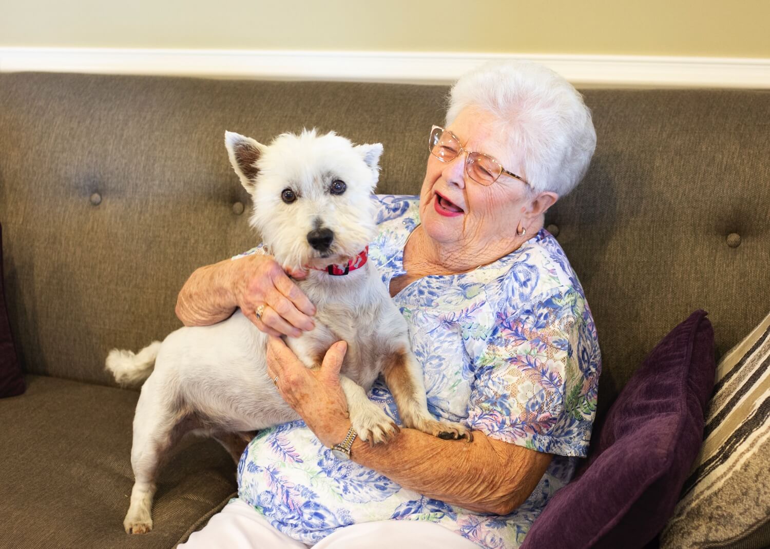 Senior woman sitting on a couch with a white dog on her lap