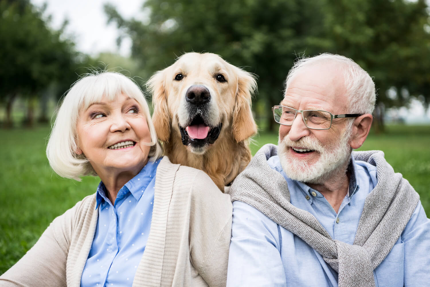 Happy senior couple with dog outside Happy senior couple with dog outside