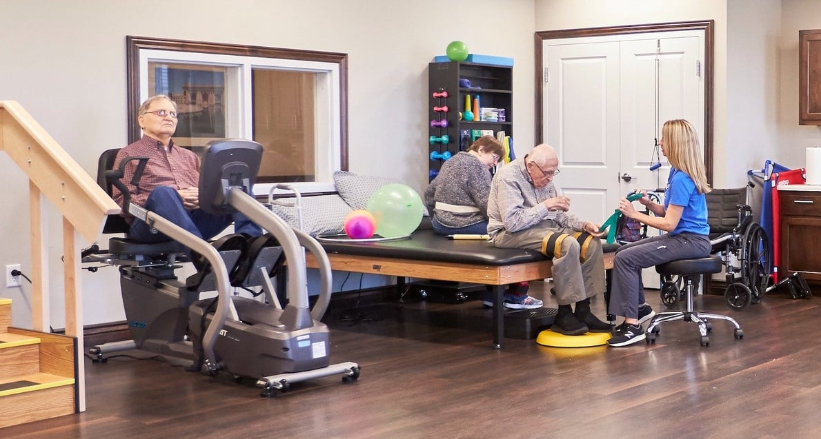 Seniors participating in physical therapy with a therapist