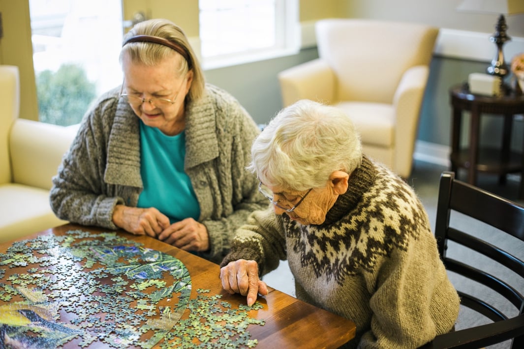 Two senior women assembling a jigsaw a puzzle