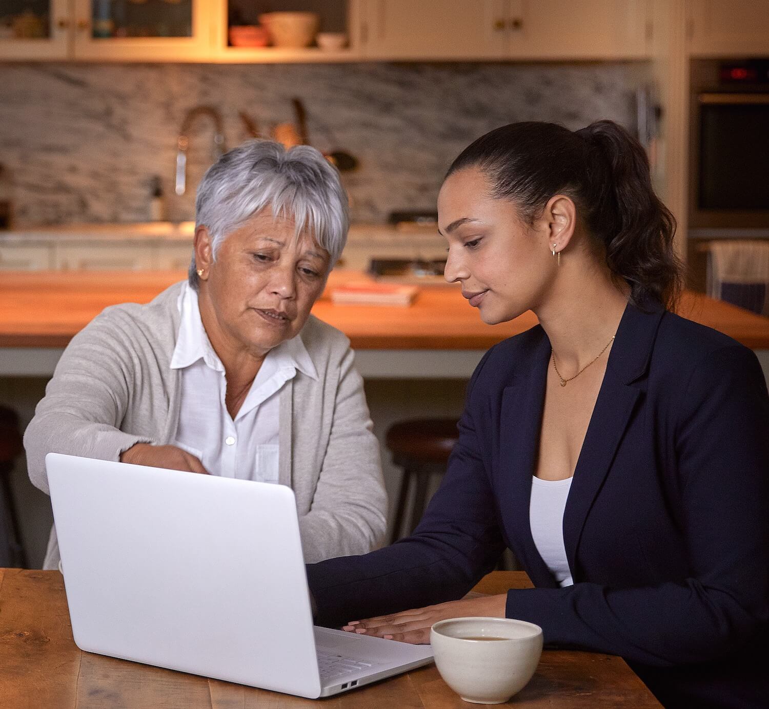 Senior woman getting help with a laptop computer