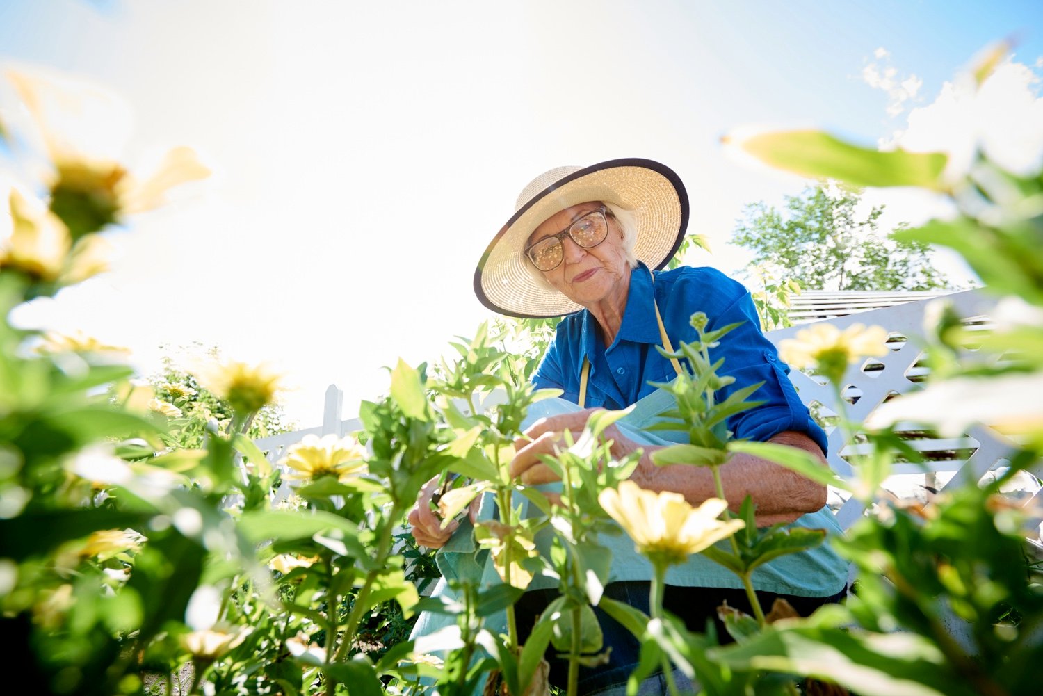 Senior woman wearing a sunhat and gardening outdoors