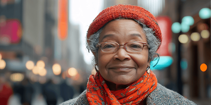 An elderly lady is wearing a red beanie and scarf while standing on a busy street.