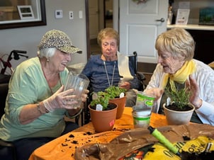A trio of senior women sit at a table and fill planters of herbs with fresh soil and water.