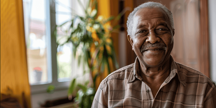 Man holding moving box as he prepare to move into senior living community.