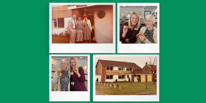A collage of four polaroid photos, two old, two new. The old photos depict an old English home named 