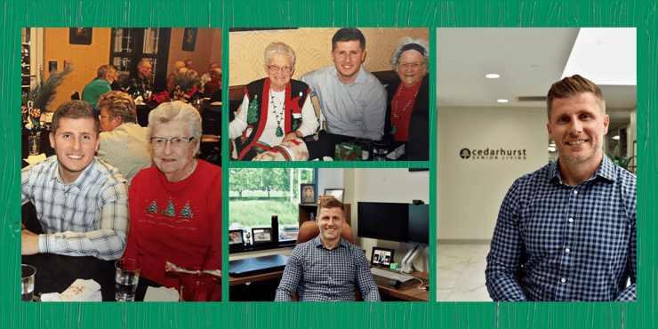 Cedarhurst Senior Living President Almir Sajtovic in a series of four photos. Two are of him as a young man early in his career, posing with community residents. The other two depict him today in his role of president, sitting in his office.