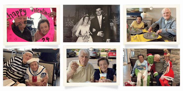 A collage of a senior couple. At the center is a photo of the couple as young adults on their wedding day. The other photos feature the couple as seniors, celebrating various holidays and having fun living at the senior living community.