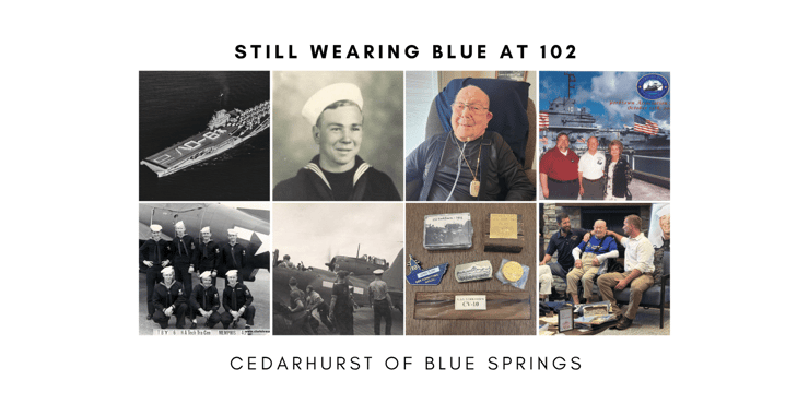 An eight photo collage of a senior man in two different stages of his life. The four photos on the left show his life as serving in the navy during WWII, the four photos on the right show him as today as a 102 senior living resident, surrounded by friends, family, and naval memorabilia.