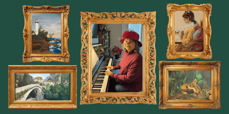At the center of the image is a senior woman playing piano in her apartment. Her photo is in a gold picture frame, surrounded by gold-framed paintings of landscapes and nature.