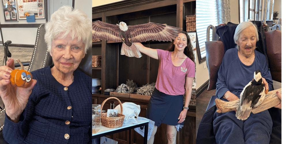 A collage of three images. The first is an older adult woman holding a mini-pumpkin and smiling. The second is a younger adult woman from the forest preserve program holding a lifesize paper eagle on her arm with its wings outstretched. The third is of a senior woman smiling at a taxidermied bird.