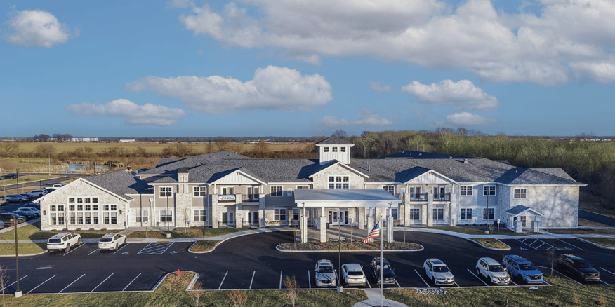 The building exterior of Cedarhurst of Crown Point, a senior living community in northwest Indiana.
