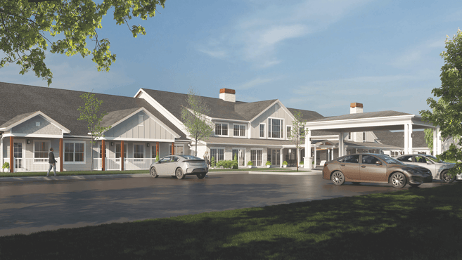 A computer rendering of the building exterior for Cedarhurst of Ames, a new senior living community providing assisted living and memory care services to residents of Ames, Iowa.