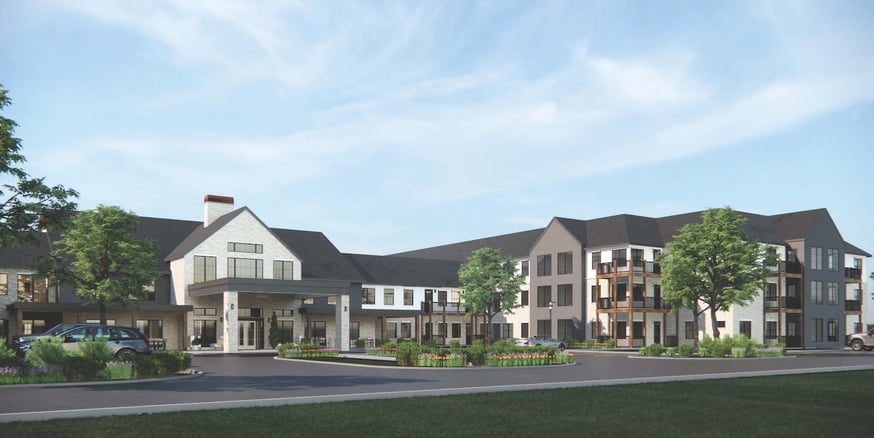 A computer rendering of the building exterior for Cedarhurst of Brighton, a senior living community offering independent living, assisted living, and memory care to residents of Brighton, Michigan.