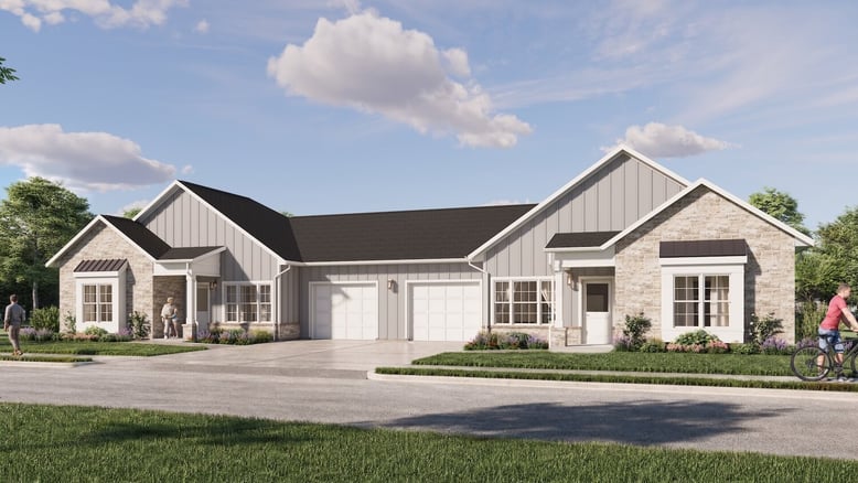 A rendering of the exterior front of an independent living cottage at Cedarhurst of Farmington.