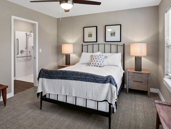A bedroom in a unit at one of Cedarhurst of Frankfort's Independent Living at Cedarhurst Cottages.
