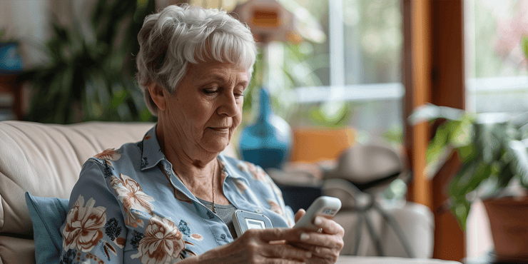 Senior living resident adjusting her medical alert system device