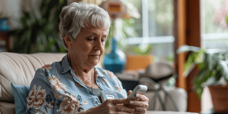 Senior living resident adjusting her medical alert system device