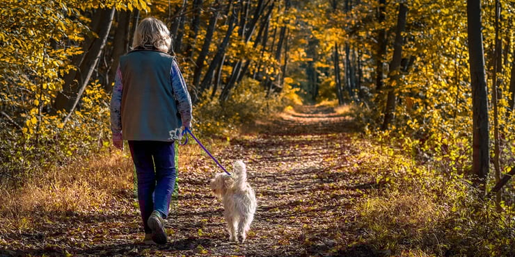 senior woman walking through a path with her dog