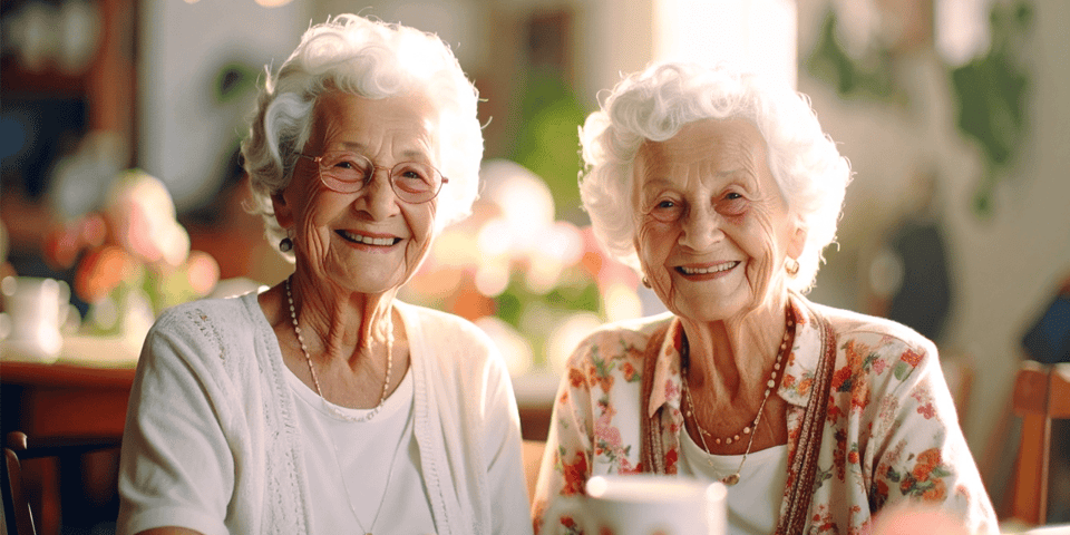 Two senior women taking tour of senior living community and having coffee