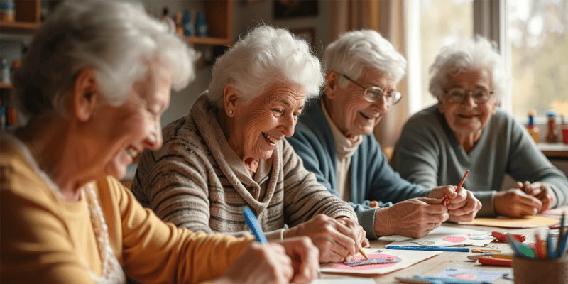 Group of senior women in an arts and crafts workshop at a senior living community