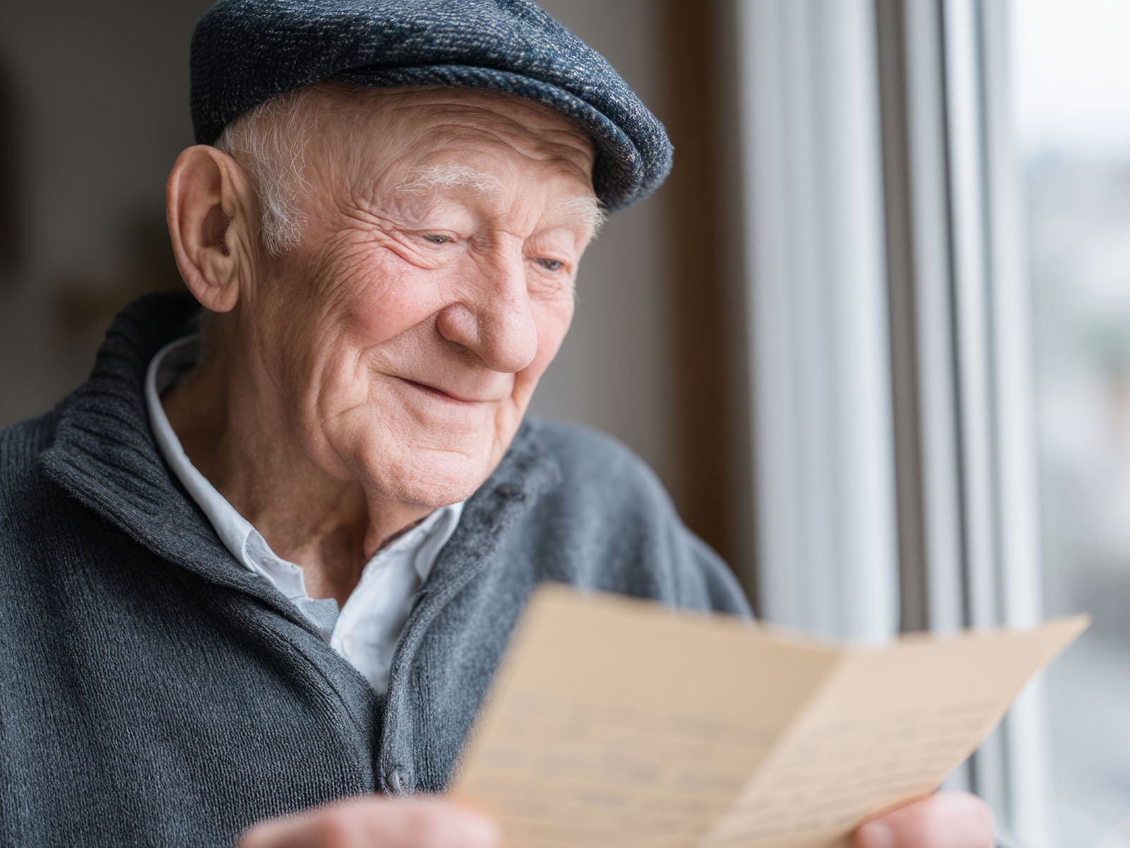 A senior man reading a brochure about senior living