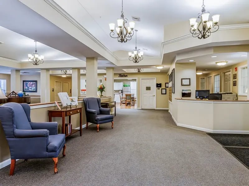 The bright and accessible main lobby at Cedar Creek of Fort Wayne, offering a warm first impression to the senior living community