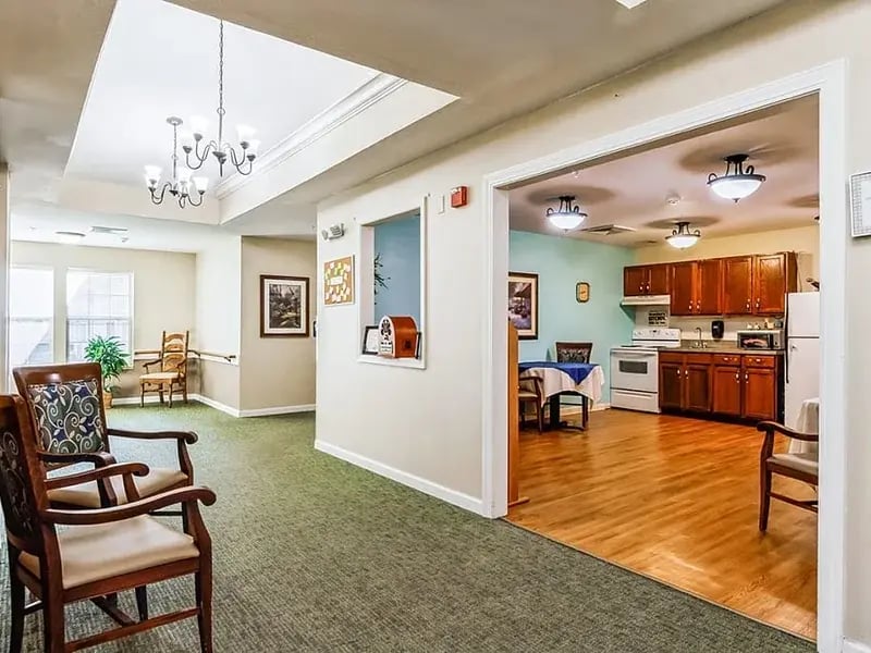 Senior-accessible community kitchen and dining space at Cedar Creek of Warsaw