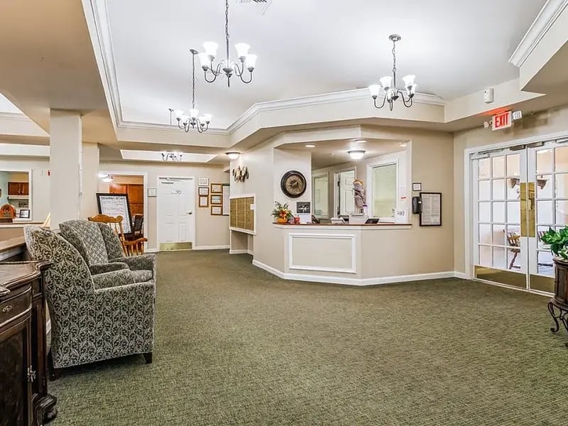 The bright and accessible main lobby at Cedar Creek of Warsaw, offering a warm first impression to the senior living community