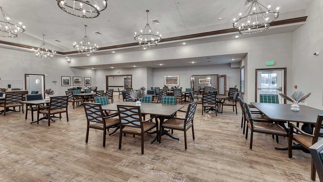 A community dining room at Cedarhurst of Arnold, providing convenient all-day dining for residents