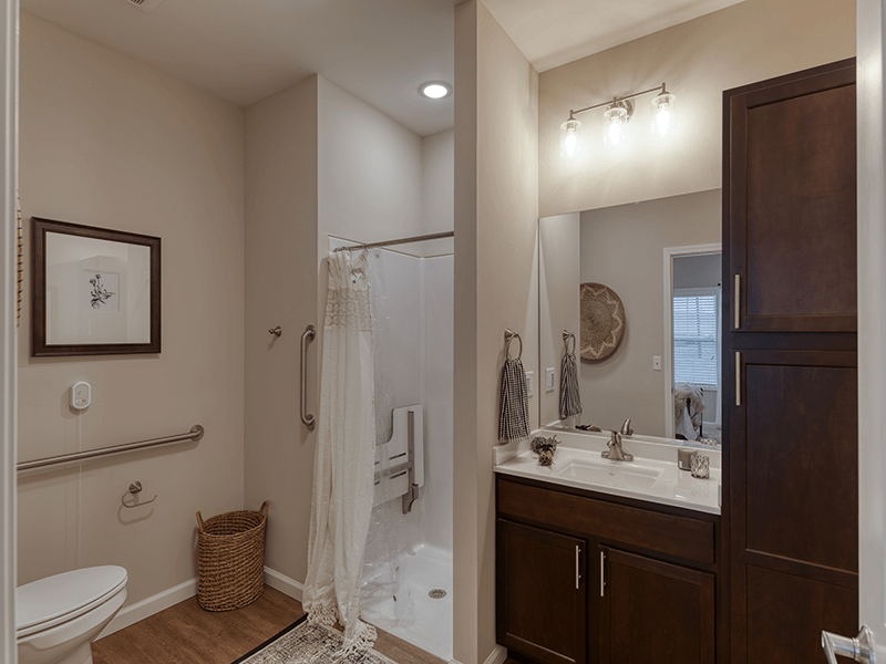 Bathroom of a senior apartment at Cedarhurst of Arnold, built with accessibility features to support residents