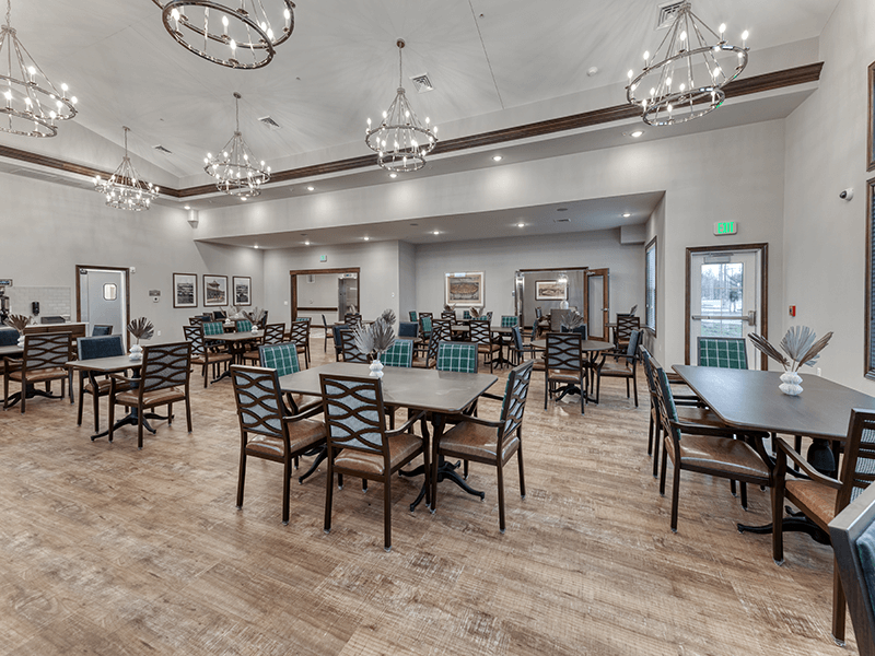 A community dining room at Cedarhurst of Arnold, providing convenient all-day dining for residents