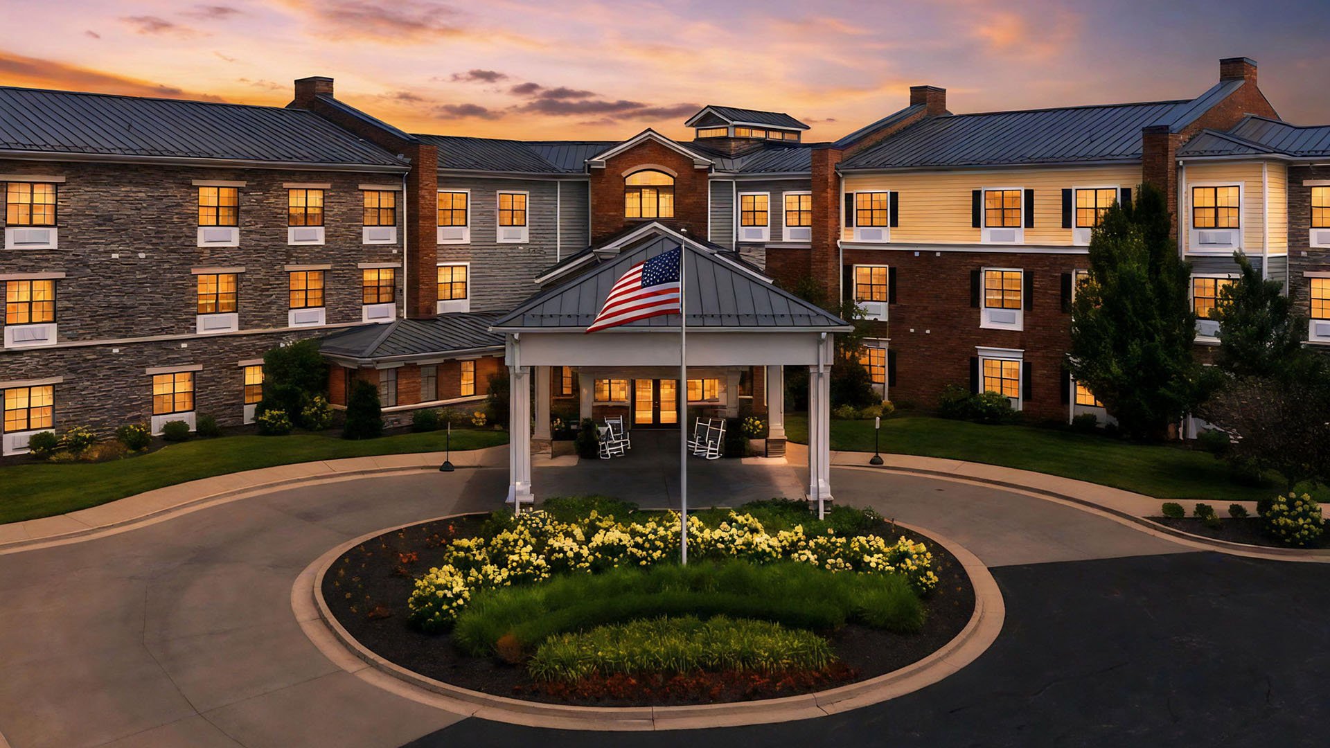 The inviting front exterior of the Cedarhurst of Beaumont senior living community building