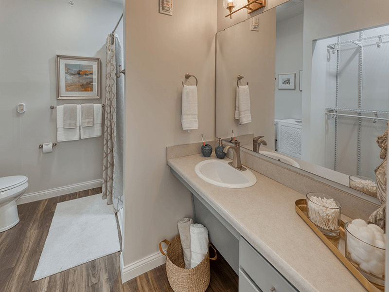 The clean and functional bathroom in a senior apartment at Cedarhurst of Beaumont, designed for resident comfort and safety.