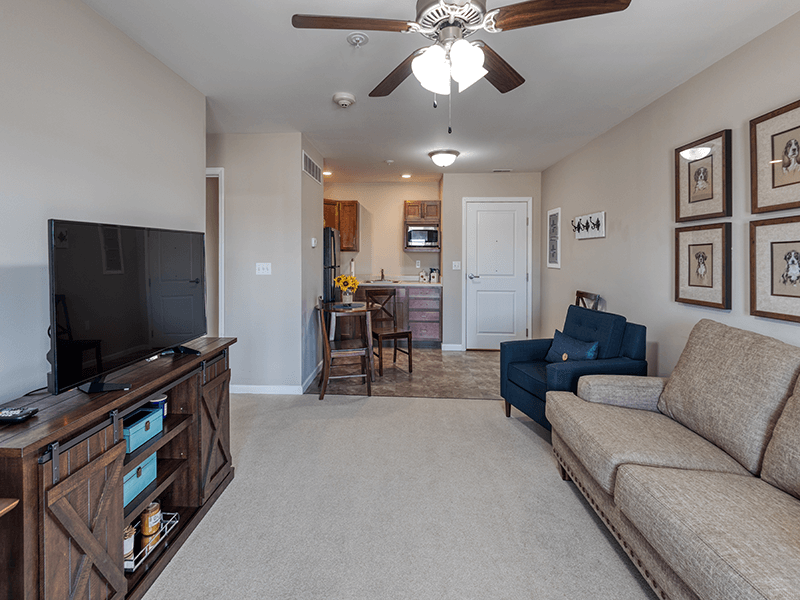 A spacious and bright living room inside a senior apartment at Cedarhurst of Bethalto