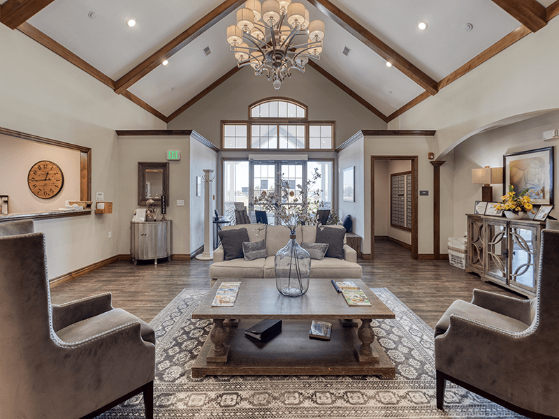 The bright and accessible main lobby at Cedarhurst of Bethalto, offering a warm first impression to the senior living community.