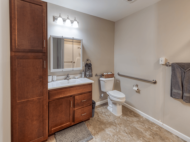 Bathroom of a senior apartment at Cedarhurst of Bethalto, built with accessibility features to support residents.