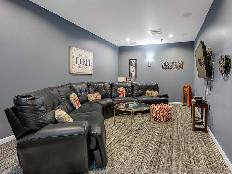 A comfortable and accessible movie theater at Cedarhurst of Breese, featuring a large screen and plush seating for residents' enjoyment