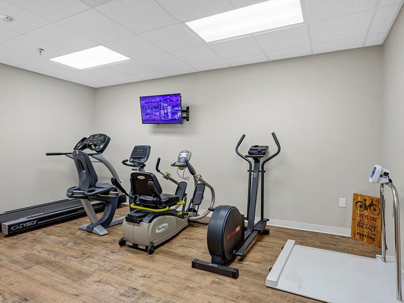 The dedicated physical therapy room at Cedarhurst of Breese, equipped with accessible equipment for resident rehabilitation and wellness