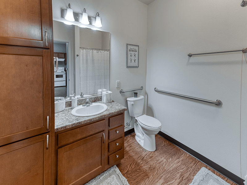 Accessible bathroom in a senior apartment at Cedarhurst of Breese, designed for comfort, safety, and independence