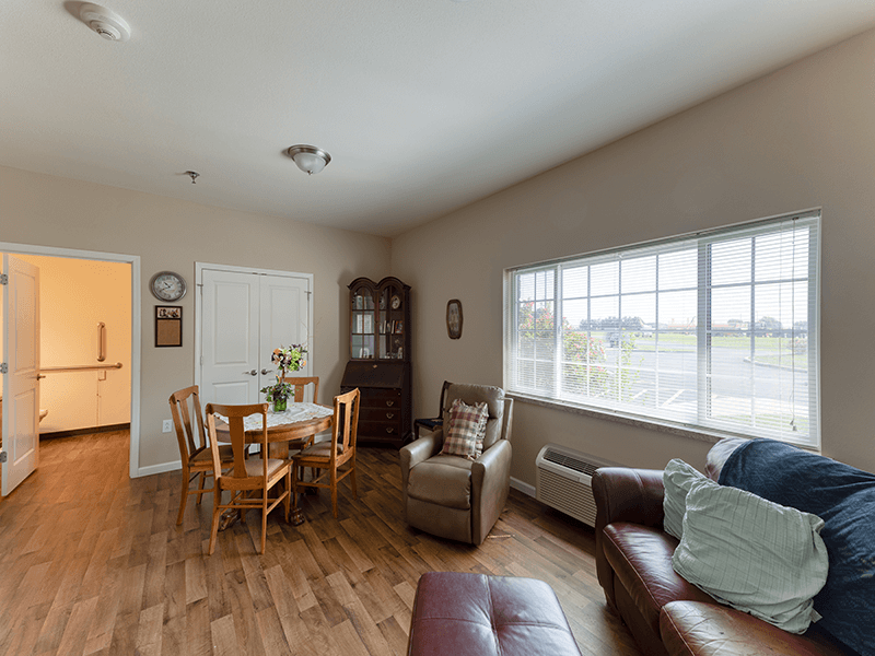 Senior-friendly apartment living room at Cedarhurst of Breese, offering comfortable and accessible design for residents.