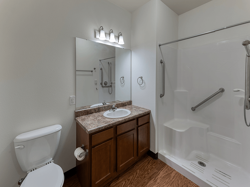 An accessible bathroom in a senior apartment at Cedarhurst of Breese, featuring safety rails and a roll-in shower.