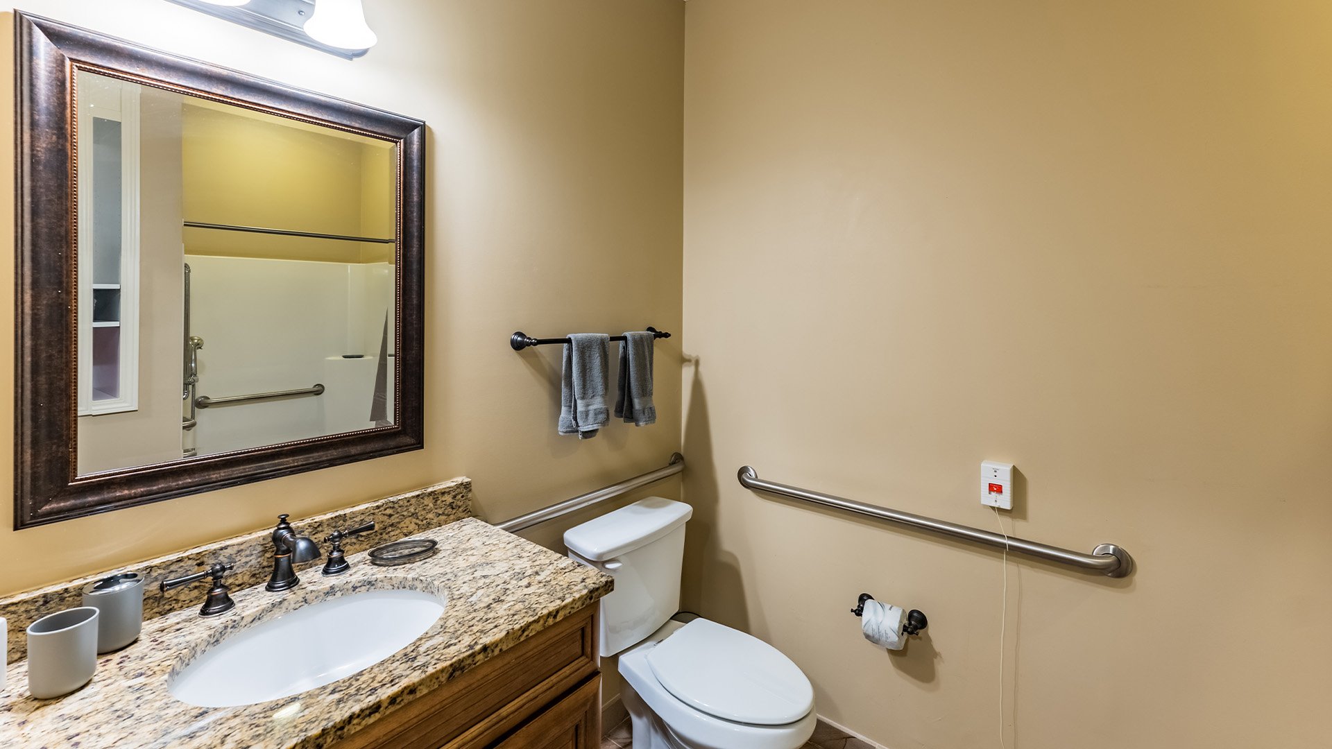 An accessible bathroom in a senior apartment at Cedarhurst of Canton, featuring safety rails and a roll-in shower