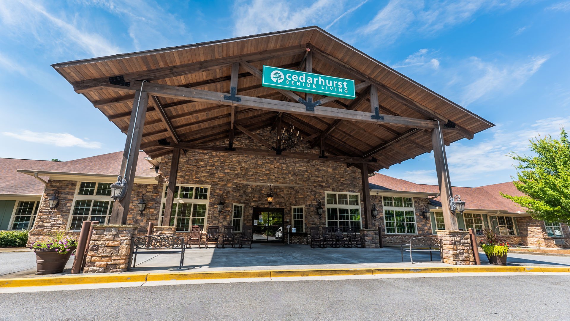 The welcoming front exterior of the Cedarhurst of Canton senior living community